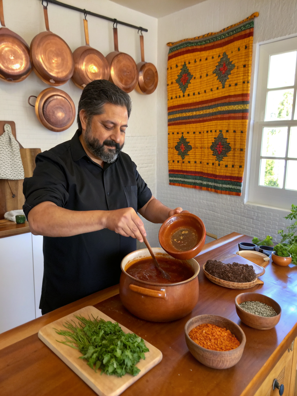 Juan Orzuna preparing authentic mole with traditional clay pots